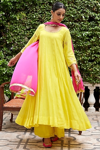 Lime Yellow Pure Chanderi Zari Embroidered Anarkali Set by Nimbu Mirchi