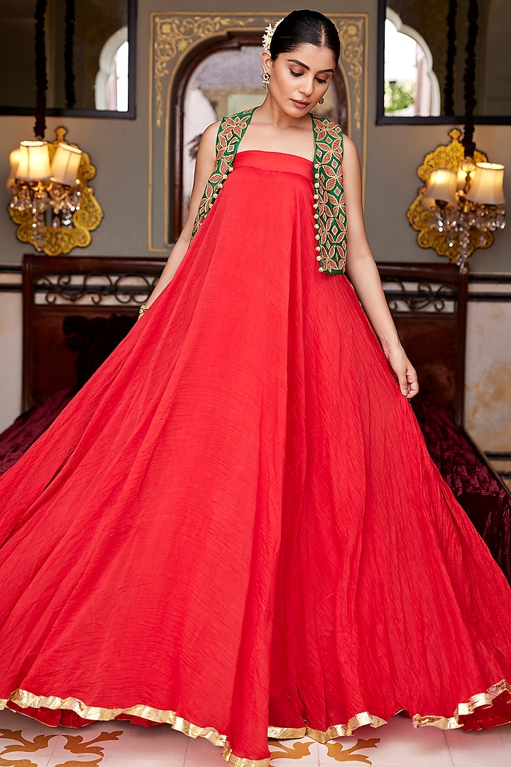 Red Pure Chanderi Tube Gown With Jacket by Nimbu Mirchi