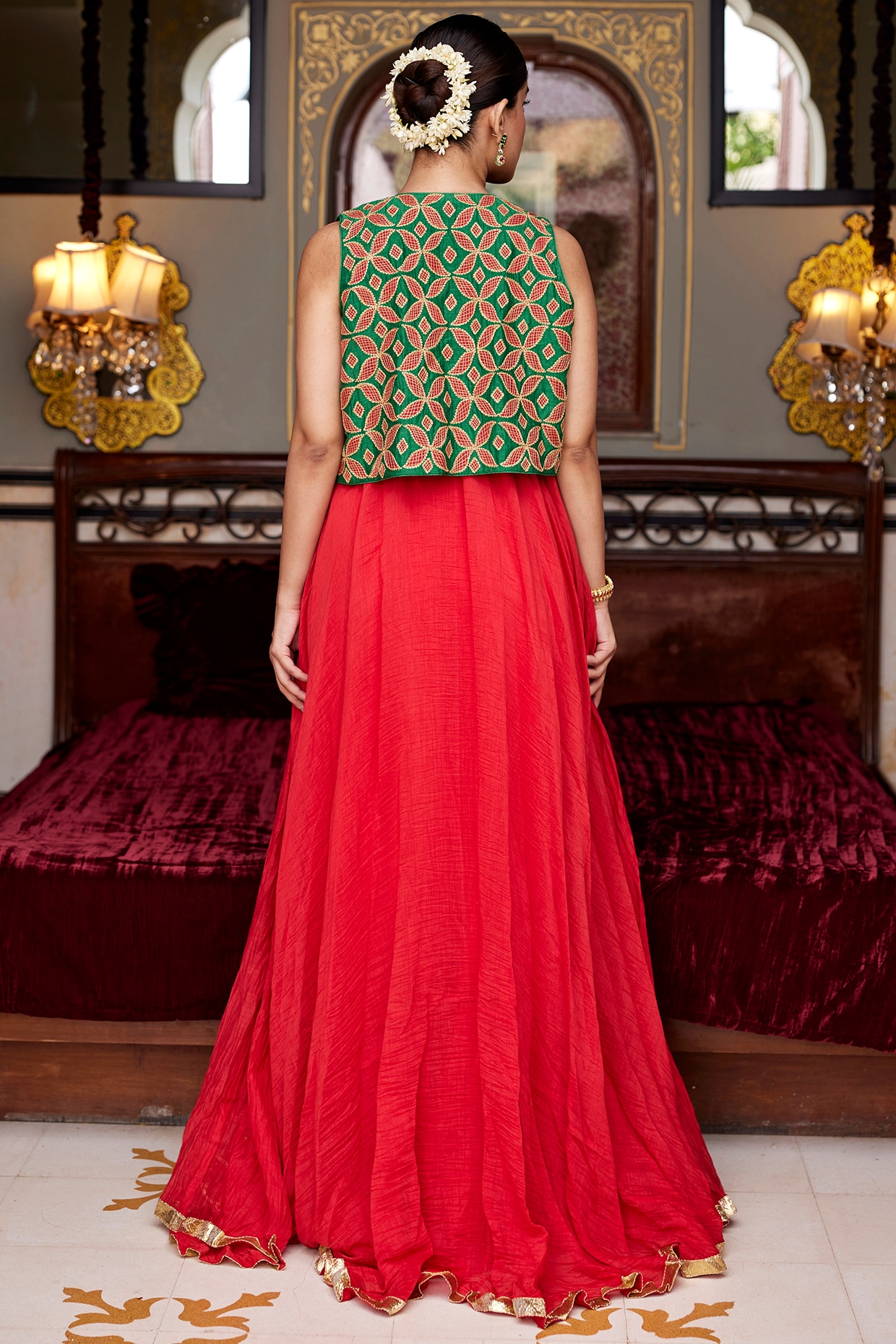 Chanderi Digital Print Gown In Red Pink Colour