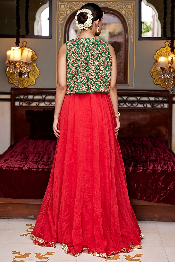 Red Pure Chanderi Tube Party Wear Gown With Jacket by Nimbu Mirchi at Pernia's Pop Up Shop