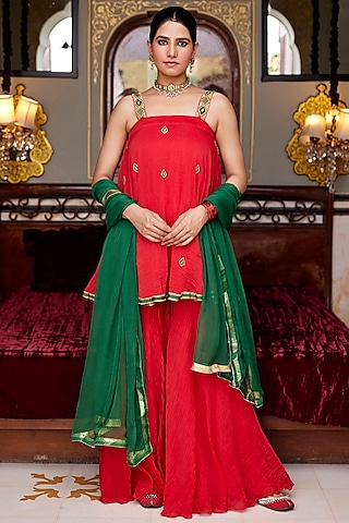 Red Pure Chanderi Sharara Set by Nimbu Mirchi
