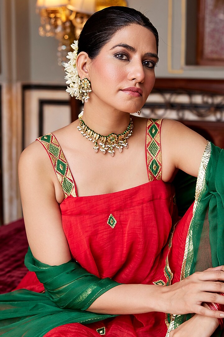 Red Pure Chanderi Party Wear Sharara Set by Nimbu Mirchi at Pernia's Pop Up Shop