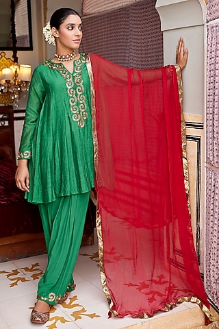 Emerald Green Pure Chanderi Embroidered Anarkali Set by Nimbu Mirchi