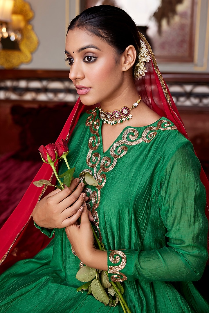 Emerald Green Pure Chanderi Embroidered Party Wear Anarkali Set by Nimbu Mirchi at Pernia's Pop Up Shop