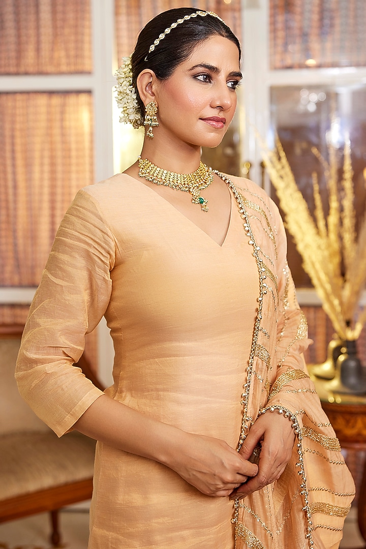 Peach Tissue Gota Work Kurta Set by Nimbu Mirchi at Pernia's Pop Up Shop
