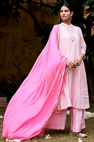 Baby Pink Pure Chanderi Zari Embroidered Kurta Set by Nimbu Mirchi