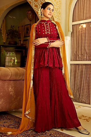 Maroon Pure Chanderi Zari Embroidered Co-Ord Set by Nimbu Mirchi