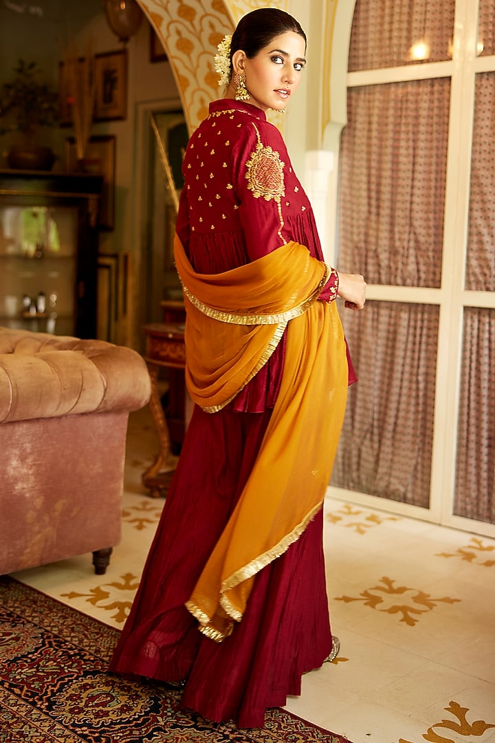 Maroon Pure Chanderi Zari Embroidered Co-Ord Set by Nimbu Mirchi at Pernia's Pop Up Shop
