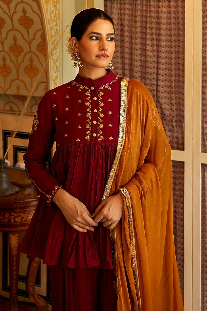Maroon Pure Chanderi Zari Embroidered Co-Ord Set by Nimbu Mirchi at Pernia's Pop Up Shop