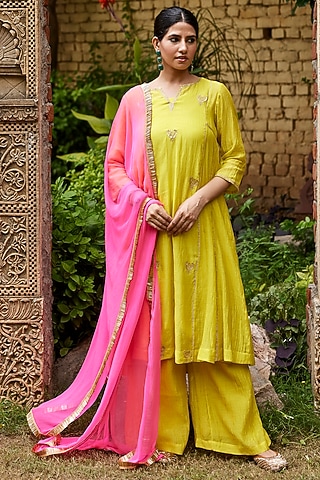 Lime Yellow Pure Chanderi Zari Work Kurta Set by Nimbu Mirchi