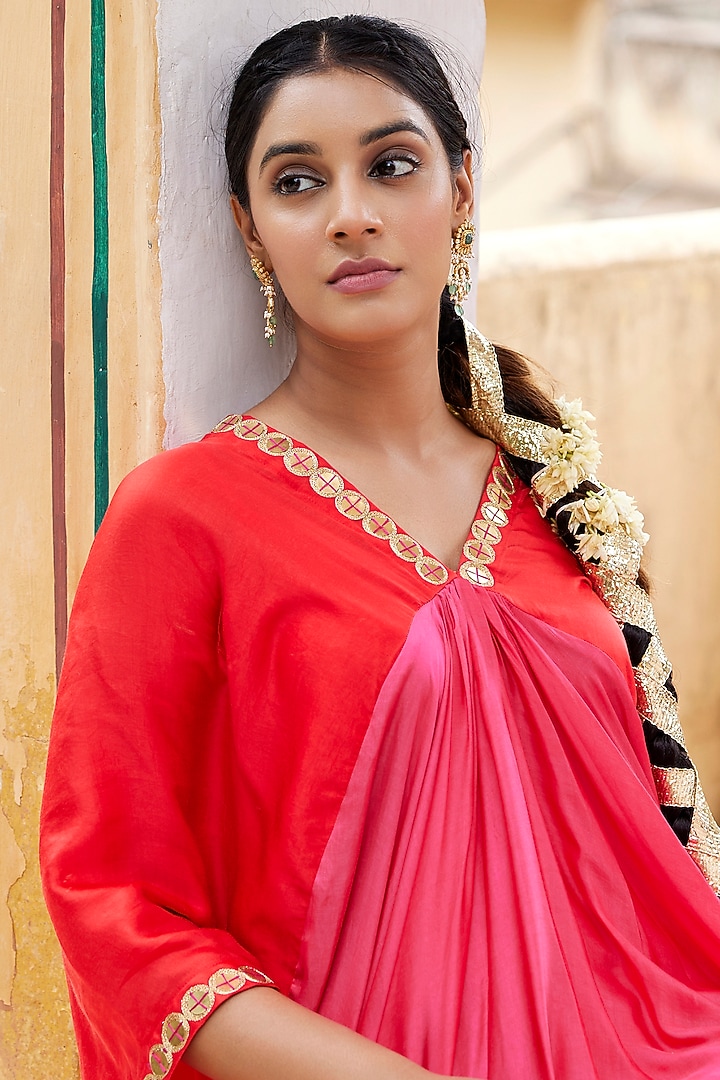 Red & Pink Modal Satin Coin Work Kaftan by Nimbu Mirchi at Pernia's Pop Up Shop