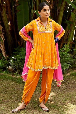 Orange Pure Chanderi Mukaish Work Kurta Set by Nimbu Mirchi