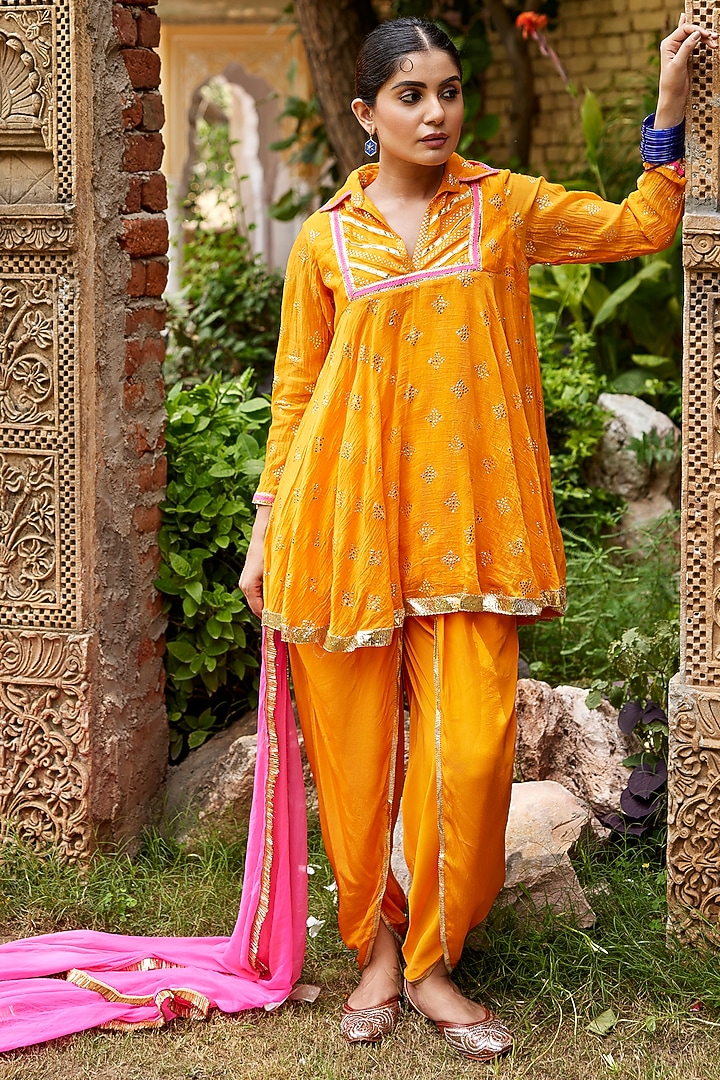 Orange Pure Chanderi Mukaish Work Kurta Set by Nimbu Mirchi at Pernia's Pop Up Shop