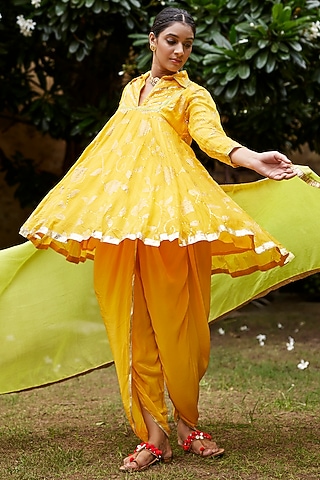 Haldi Yellow Pure Chanderi Mukaish Work Kurta Set by Nimbu Mirchi