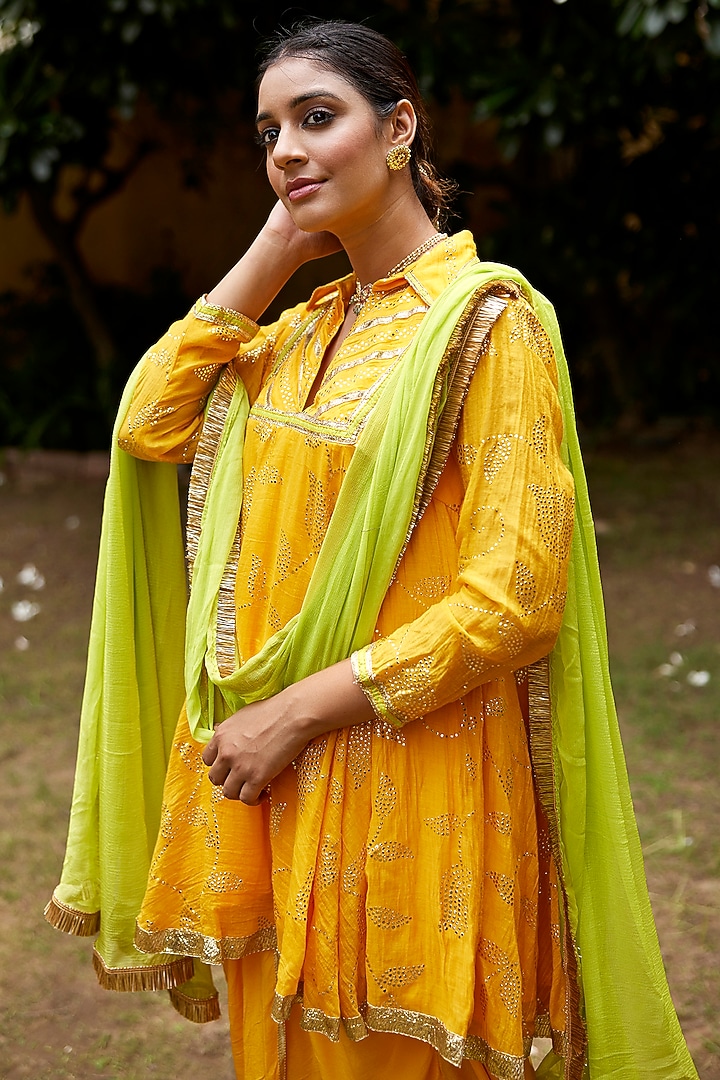 Haldi Yellow Pure Chanderi Mukaish Work Kurta Set by Nimbu Mirchi at Pernia's Pop Up Shop