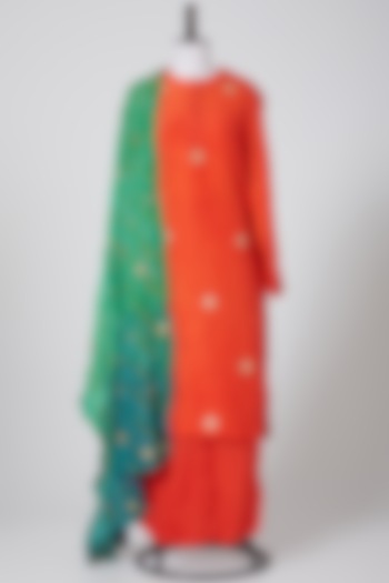 Orange & Green Embroidered Kurta Set by Nineteen89 By Divya Bagri