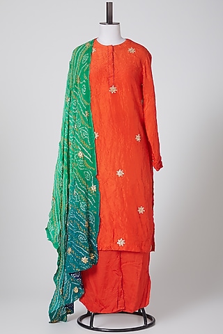 Orange & Green Embroidered Kurta Set by Nineteen89 By Divya Bagri
