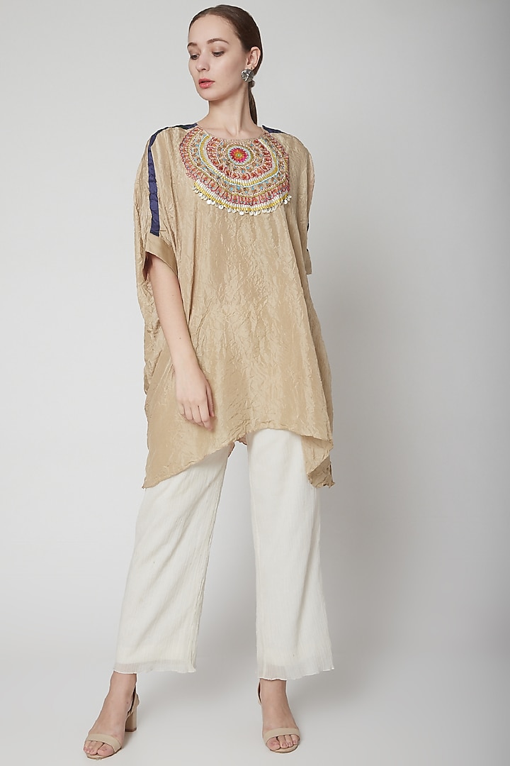 Beige Embroidered Kurta With Pants Design by Nineteen89 by Divya Bagri ...