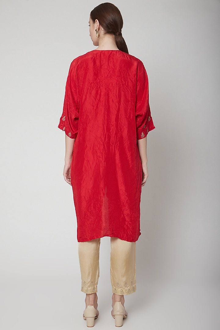 Red Embroidered Kurta With Beige Pants by Nineteen89 by Divya Bagri at Pernia's Pop Up Shop