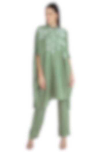 Olive Green Embroidered Kaftan With Pants by Nineteen89 by Divya Bagri
