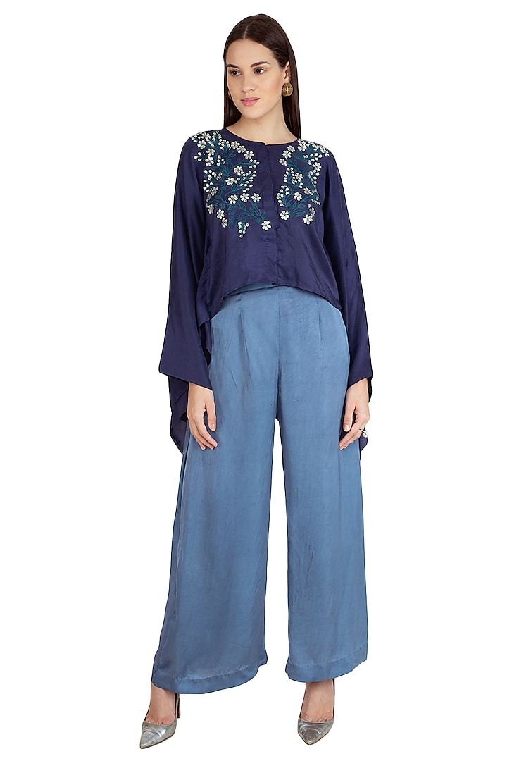 Indigo Blue Embroidered Kaftan Top With Pants by Nineteen89 by Divya Bagri
