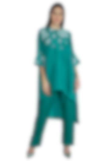 Emerald Green Embroidered Kaftan Top With Pants by Nineteen89 by Divya Bagri