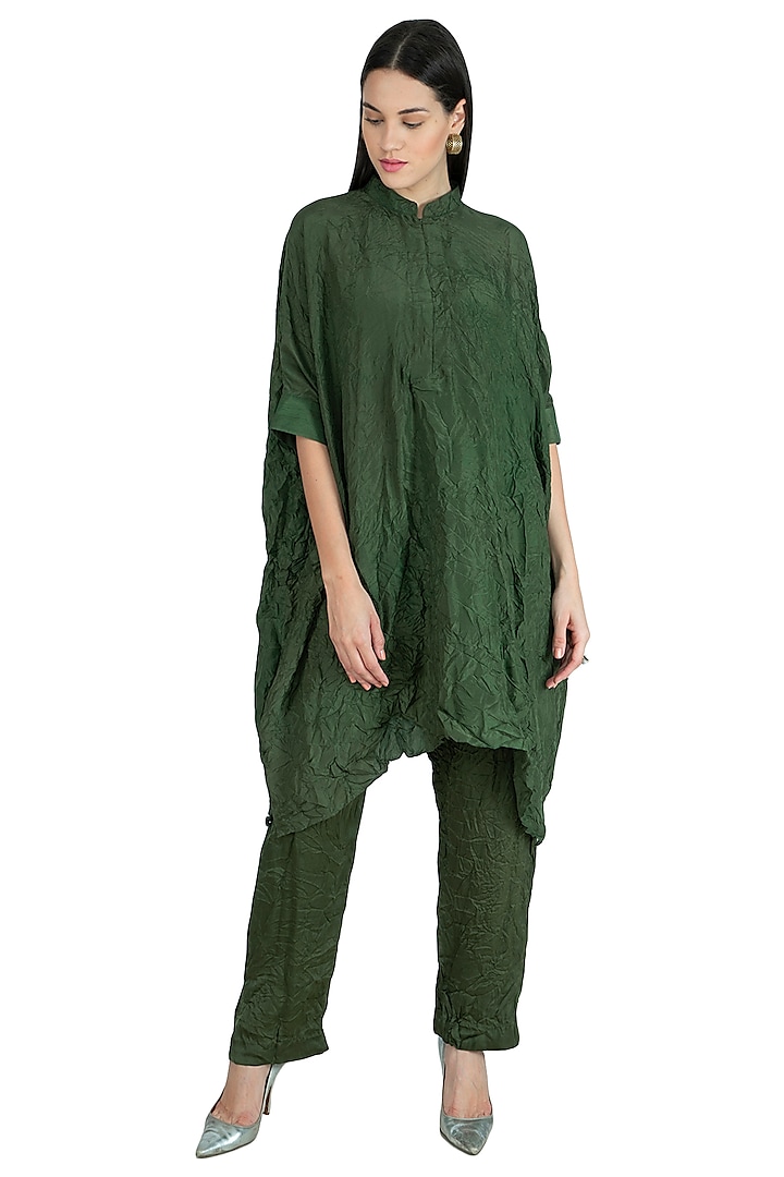 Military Green Embroidered Crushed Kaftan With Pants by Nineteen89 by Divya Bagri
