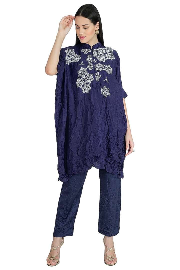 Indigo Blue Hand Embroidered Kaftan With Pants by Nineteen89 by Divya Bagri