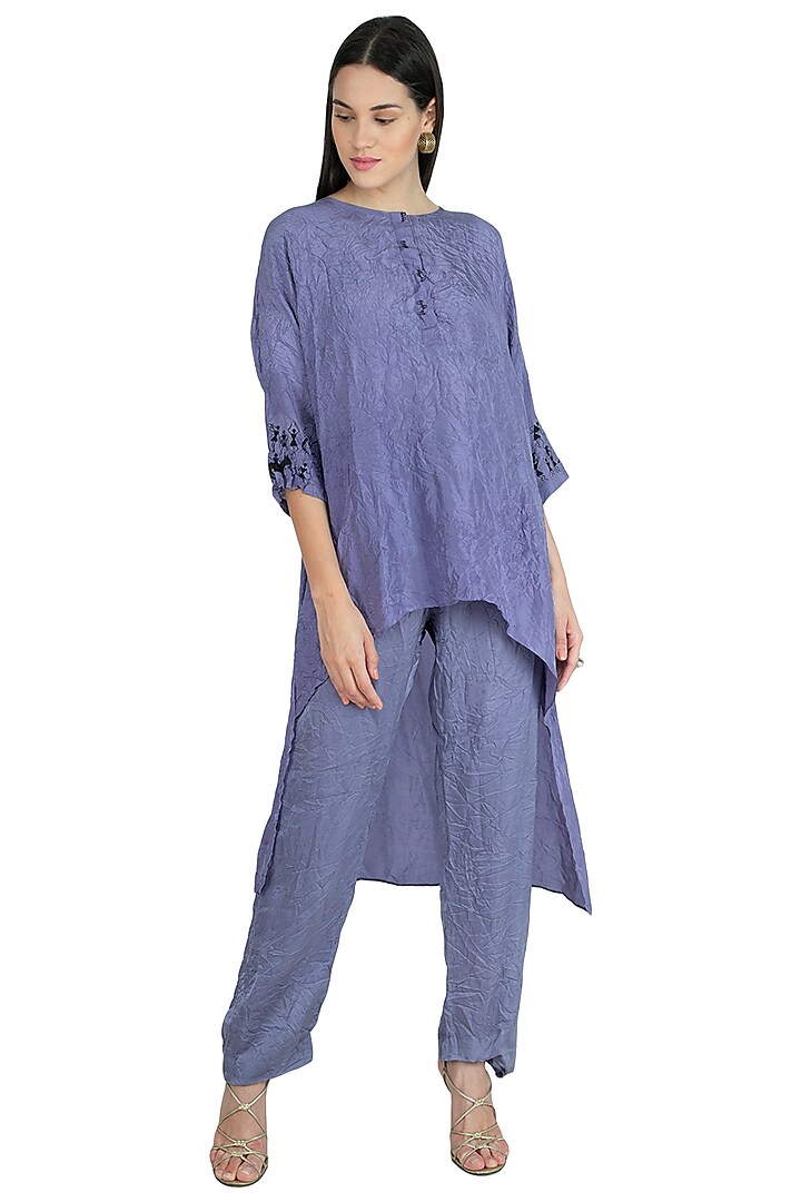 Greysih Blue Embroidered Asymmetric Top With Pants by Nineteen89 by Divya Bagri