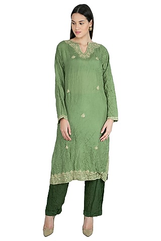 Olive Green Embroidered Kurta by Nineteen89 by Divya Bagri