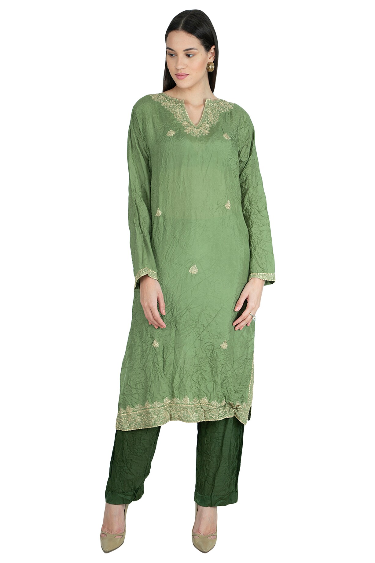 Olive Green Embroidered Kurta Design by by Divya Bagri at