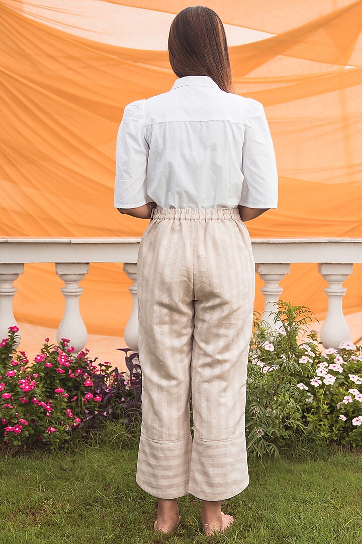 Beige & Cream Striped Pants by Nineh at Pernia's Pop Up Shop