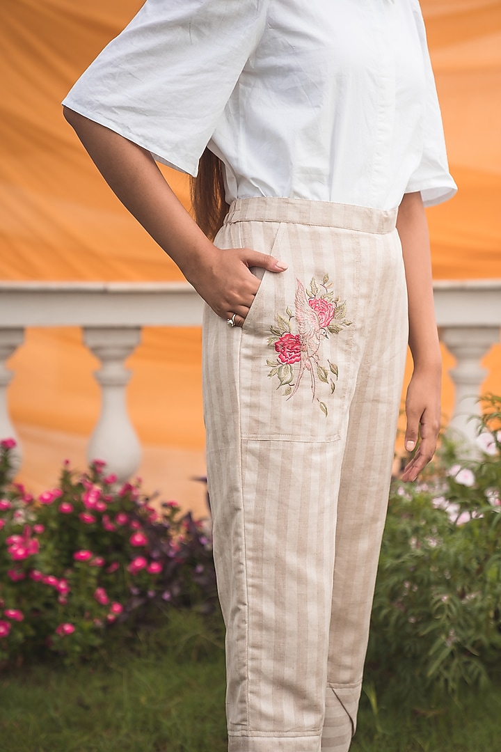 Beige & Cream Striped Pants by Nineh at Pernia's Pop Up Shop