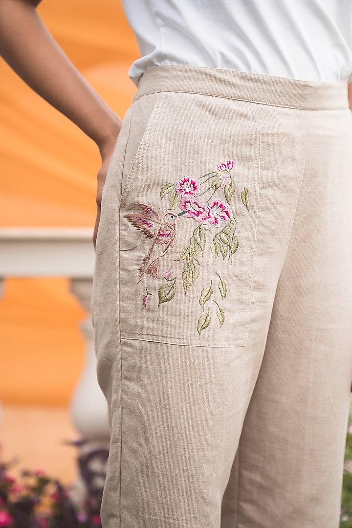 Beige Linen Striped Pants by Nineh at Pernia's Pop Up Shop