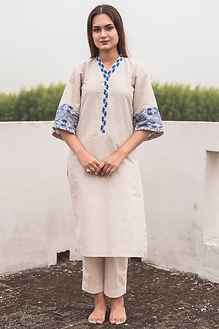 Beige Cotton Linen Embroidered Kurta Set by Nineh