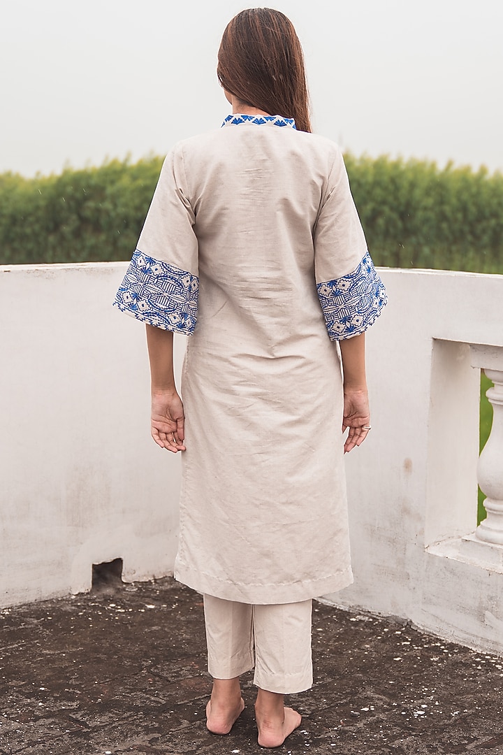 Beige Cotton Linen Embroidered Kurta Set by Nineh at Pernia's Pop Up Shop
