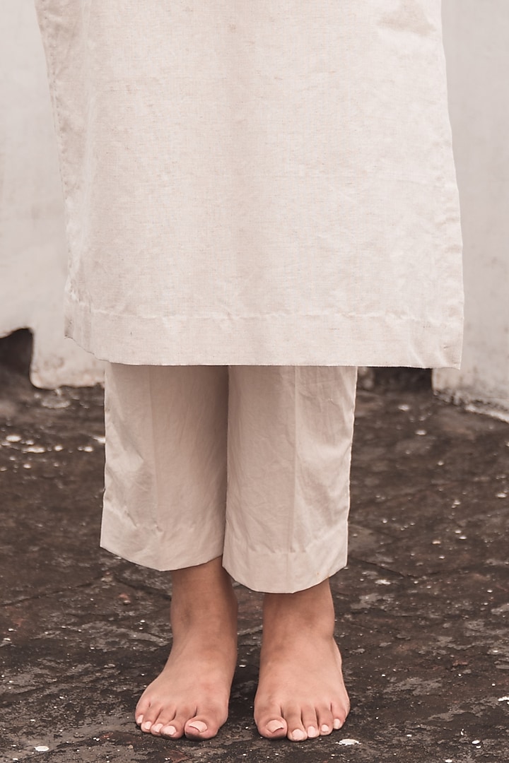 Beige Cotton Linen Embroidered Kurta Set by Nineh at Pernia's Pop Up Shop