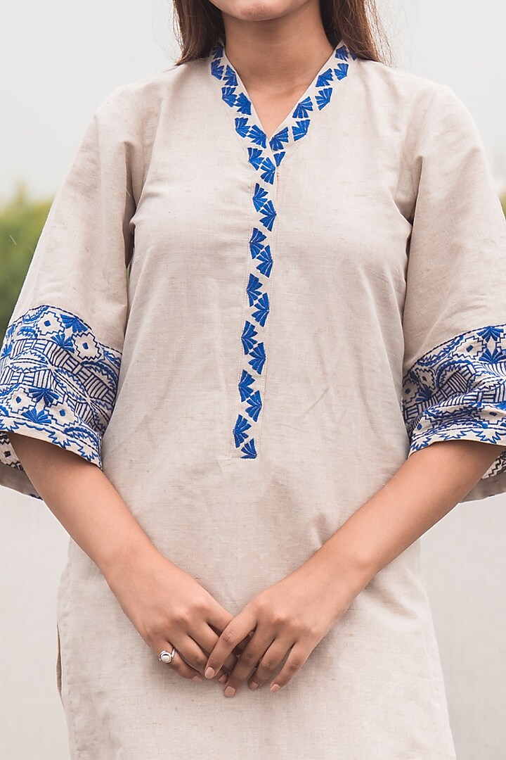 Beige Cotton Linen Embroidered Kurta Set by Nineh at Pernia's Pop Up Shop