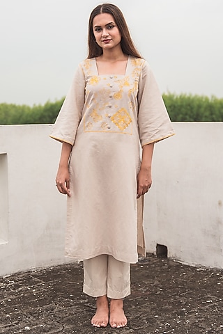 Beige Linen Embroidered Kurta Set by Nineh