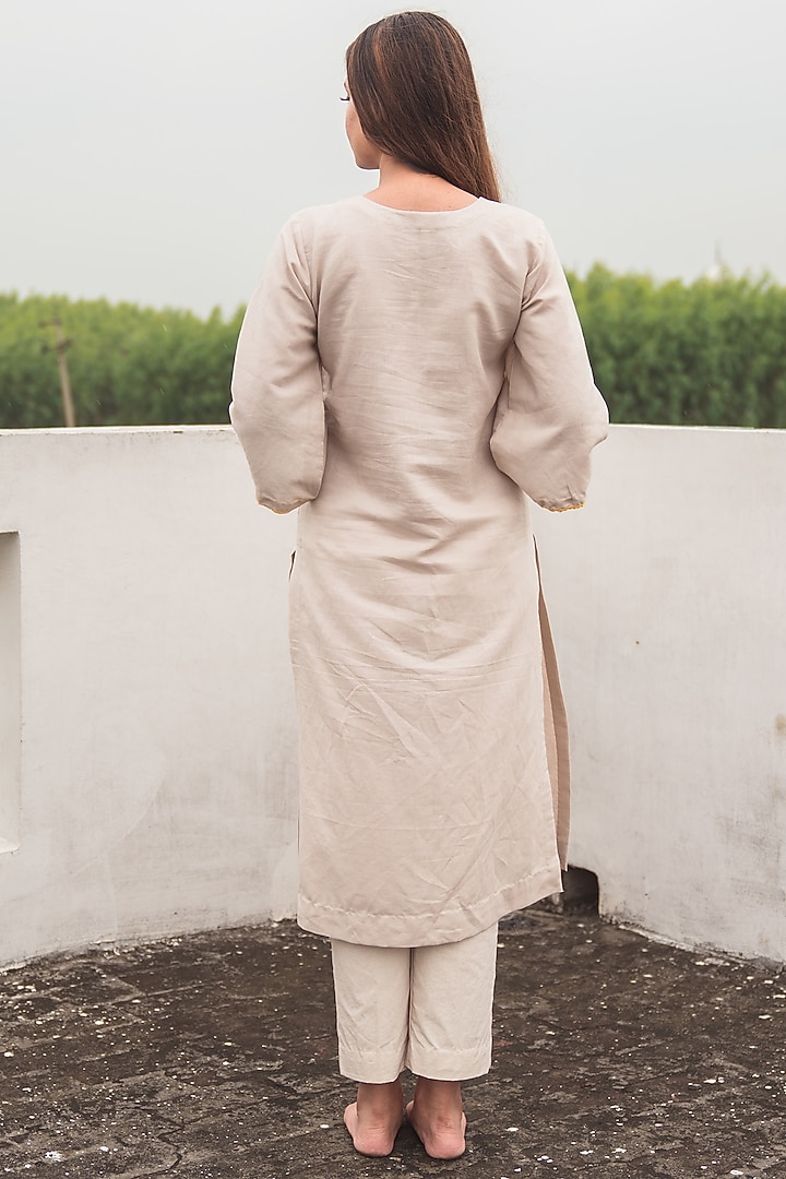 Beige Linen Embroidered Kurta Set by Nineh at Pernia's Pop Up Shop