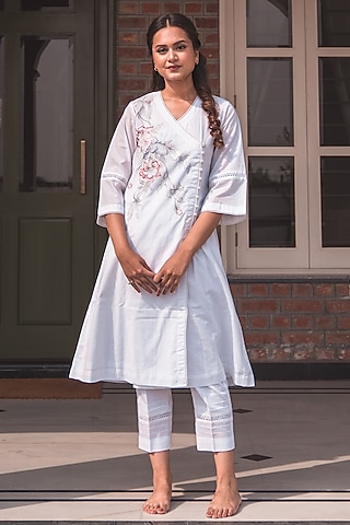 White Pure Cotton Angrakha Kurta Set by Nineh