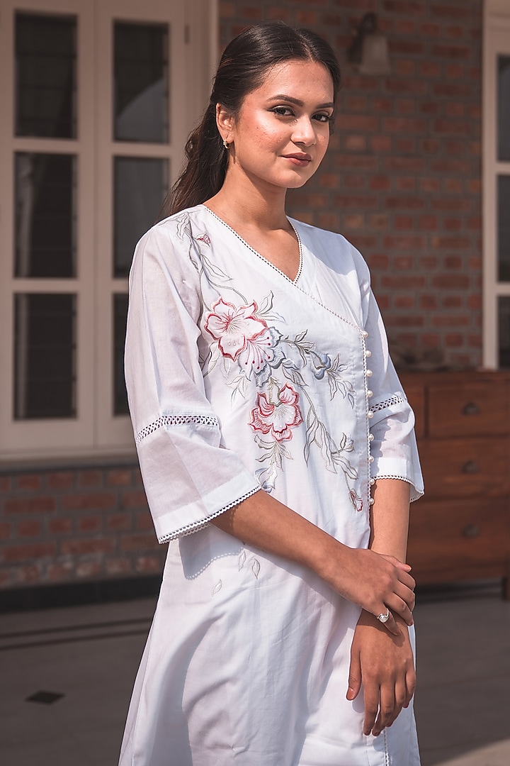 White Pure Cotton Angrakha Kurta Set by Nineh at Pernia's Pop Up Shop