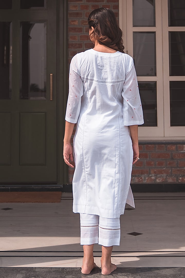 White Pure Cotton Embroidered Kurta Set by Nineh at Pernia's Pop Up Shop