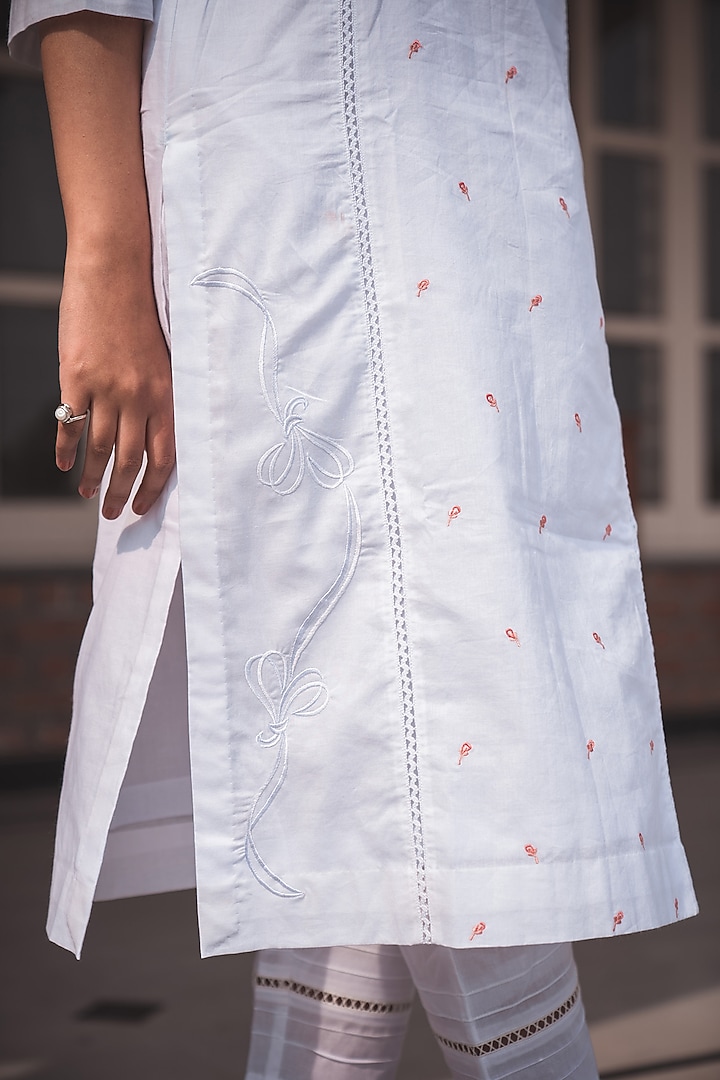 White Pure Cotton Embroidered Kurta Set by Nineh at Pernia's Pop Up Shop