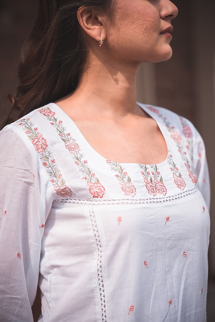 White Pure Cotton Embroidered Kurta Set by Nineh at Pernia's Pop Up Shop