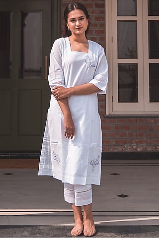 White Cotton Embroidered Kurta Set by Nineh