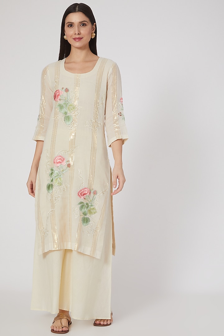 Cream Floral Embroidered Sharara Set by Nineh