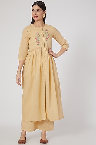 Light Mustard Embroidered Pleated Kurta Set by Nineh