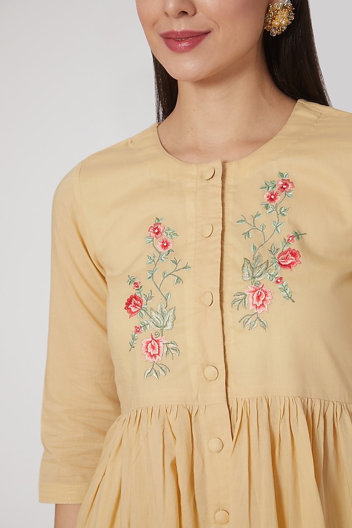 Light Mustard Embroidered Pleated Kurta Set by Nineh at Pernia's Pop Up Shop