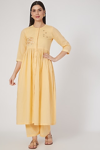 Mango Yellow Embroidered Pleated Kurta Set by Nineh
